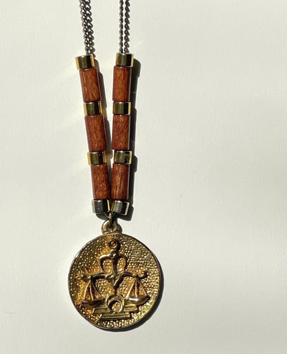 Scale of Justice Necklace with Wooden Bead Accents