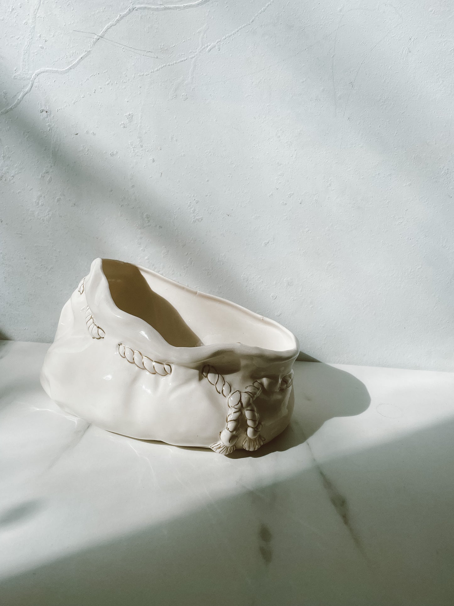 Sculpted Slouchy Clutch with Gold Ceramic Rope Ceramic Planter